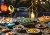 طاولة وطعام وزينة رمضان لوصف اماكن للسحور في رمضان